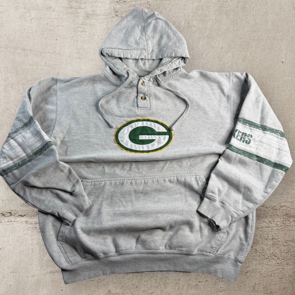 Majestic Green Bay Packers Hoodie Mens XLT Gray Henley Fleece Sweatshirt NFL Y2K